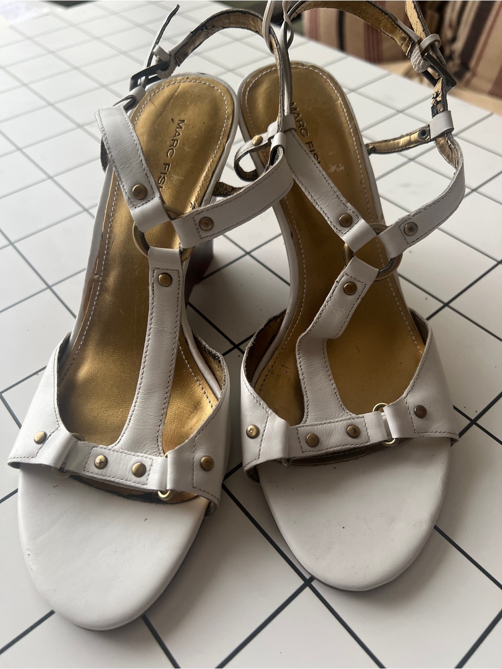 Marc Fisher White Leather T-Strap Studded Heels
